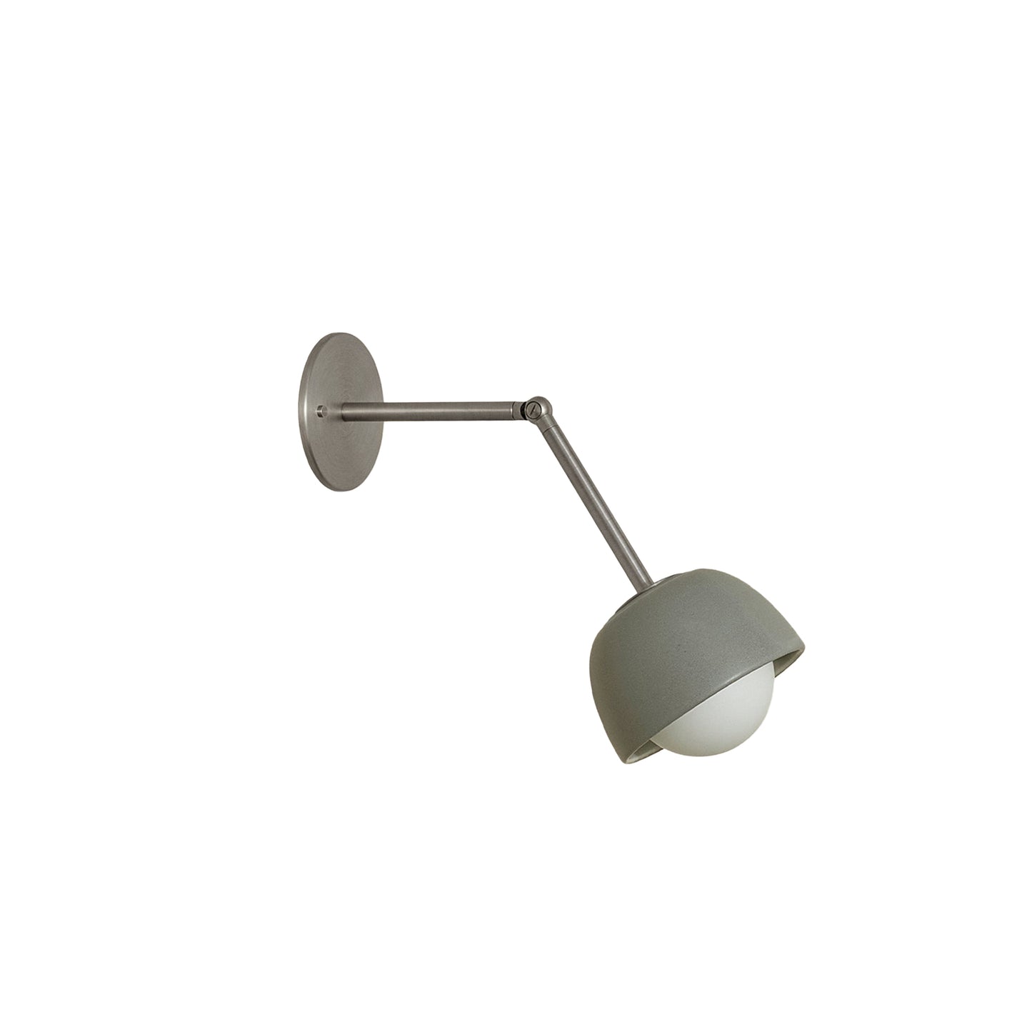 Marz Designs Terra 0 Long Wall Light articulating sconce in Fog ceramic and Bushed Nickel hardware.