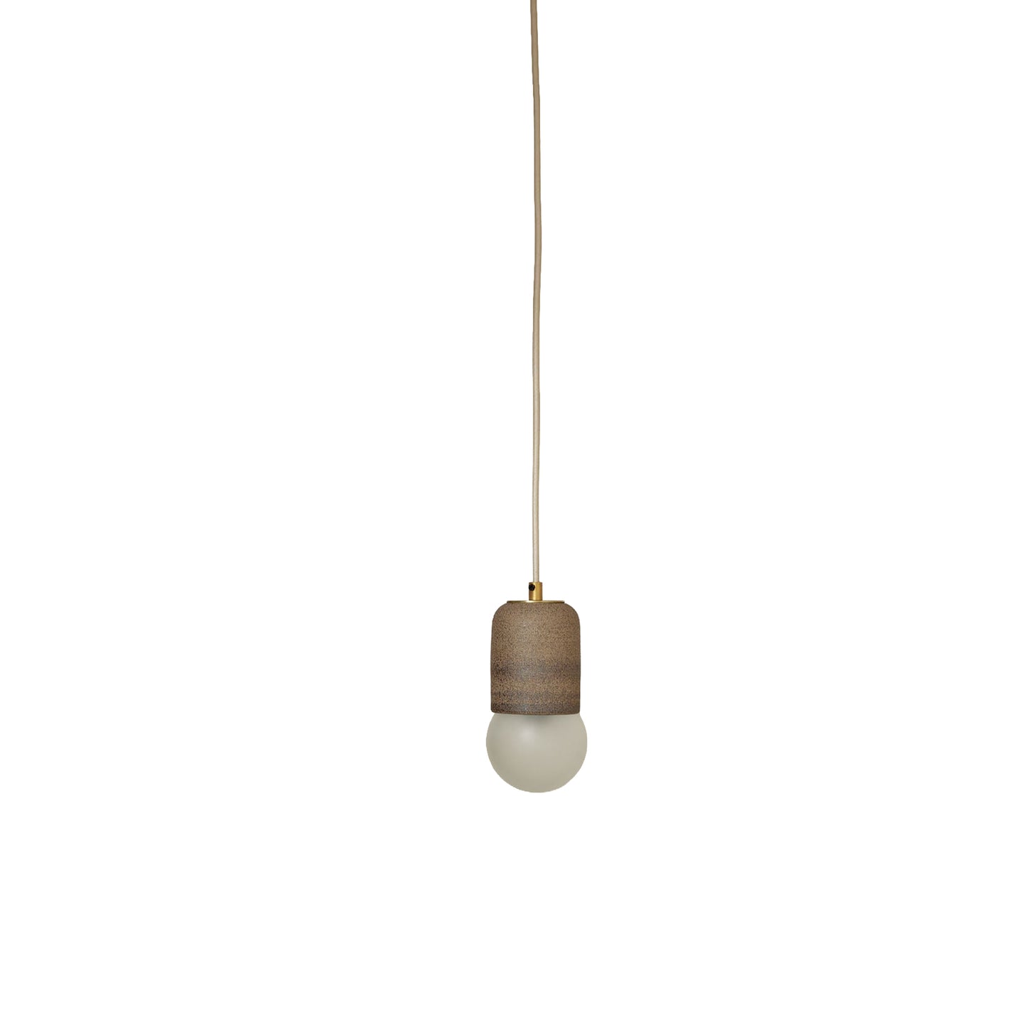Marz Designs Terra 1 Pendant in Clay ceramic and Brass hardware with fabric flex cord and frosted glass.
