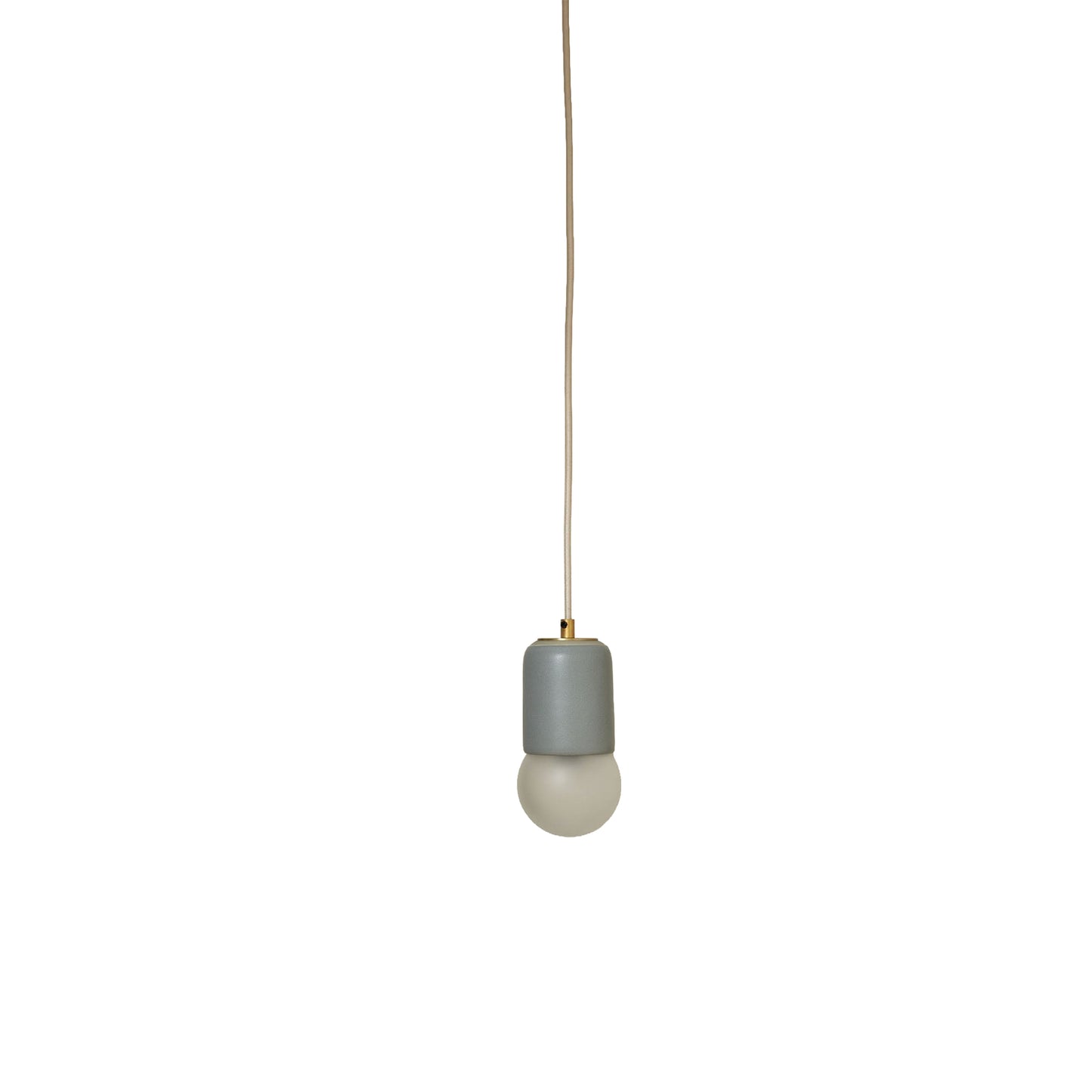 Marz Designs Terra 1 Pendant in Fog ceramic and Brass hardware with fabric flex cord and frosted glass.