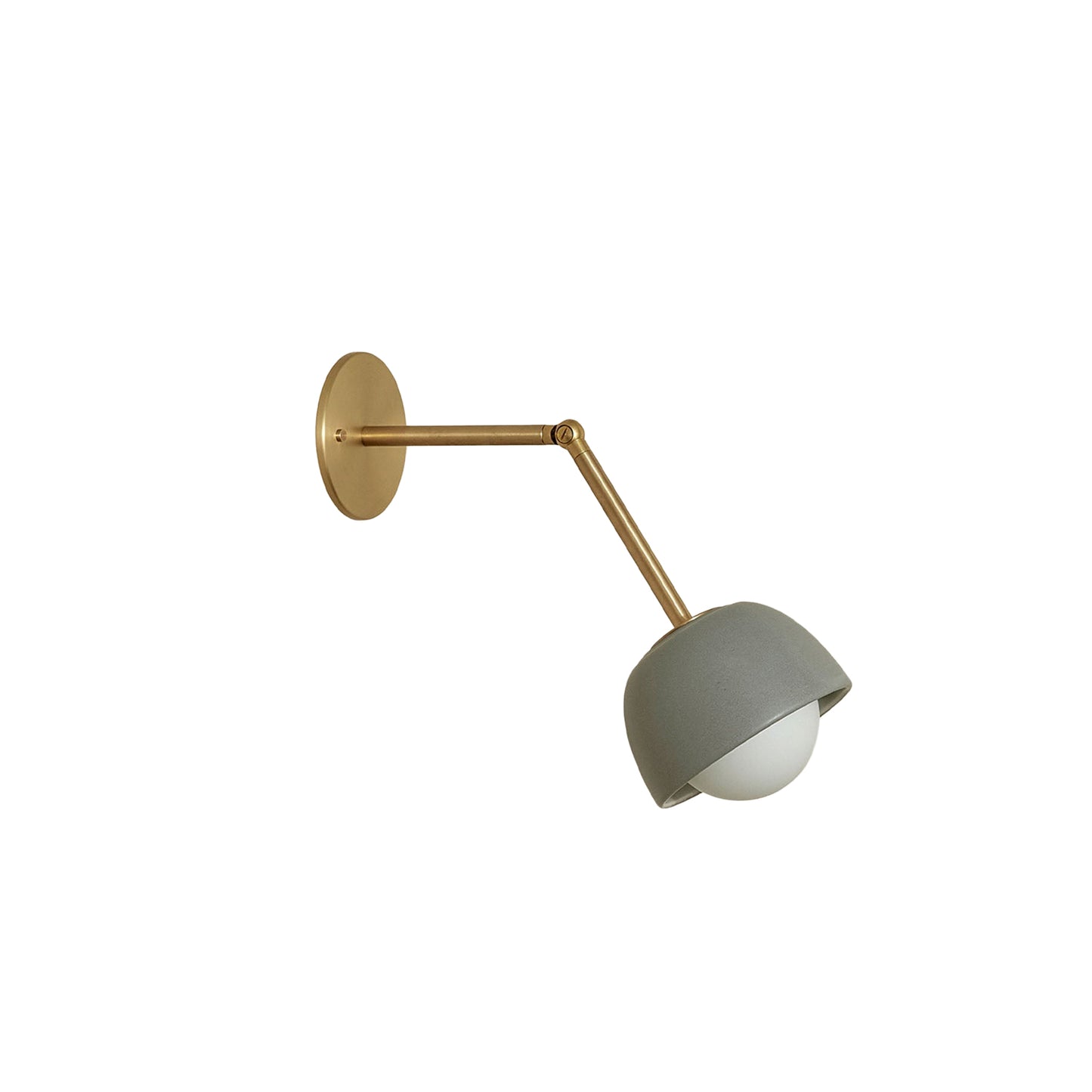 Marz Designs Terra 0 Long Wall Light articulating sconce in Fog ceramic and Brass hardware.