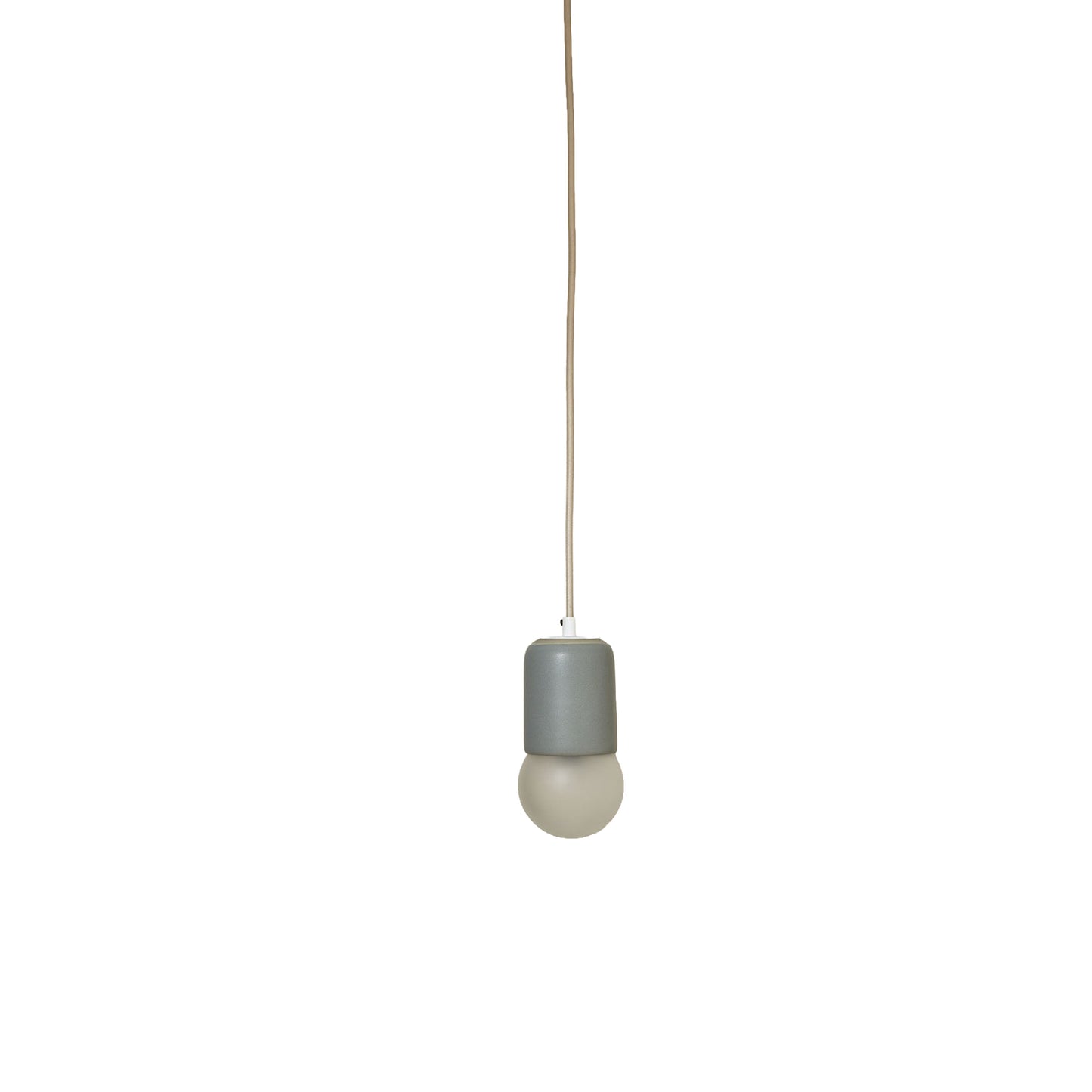 Marz Designs Terra 1 Pendant in Fog ceramic and White hardware with fabric flex cord and frosted glass.