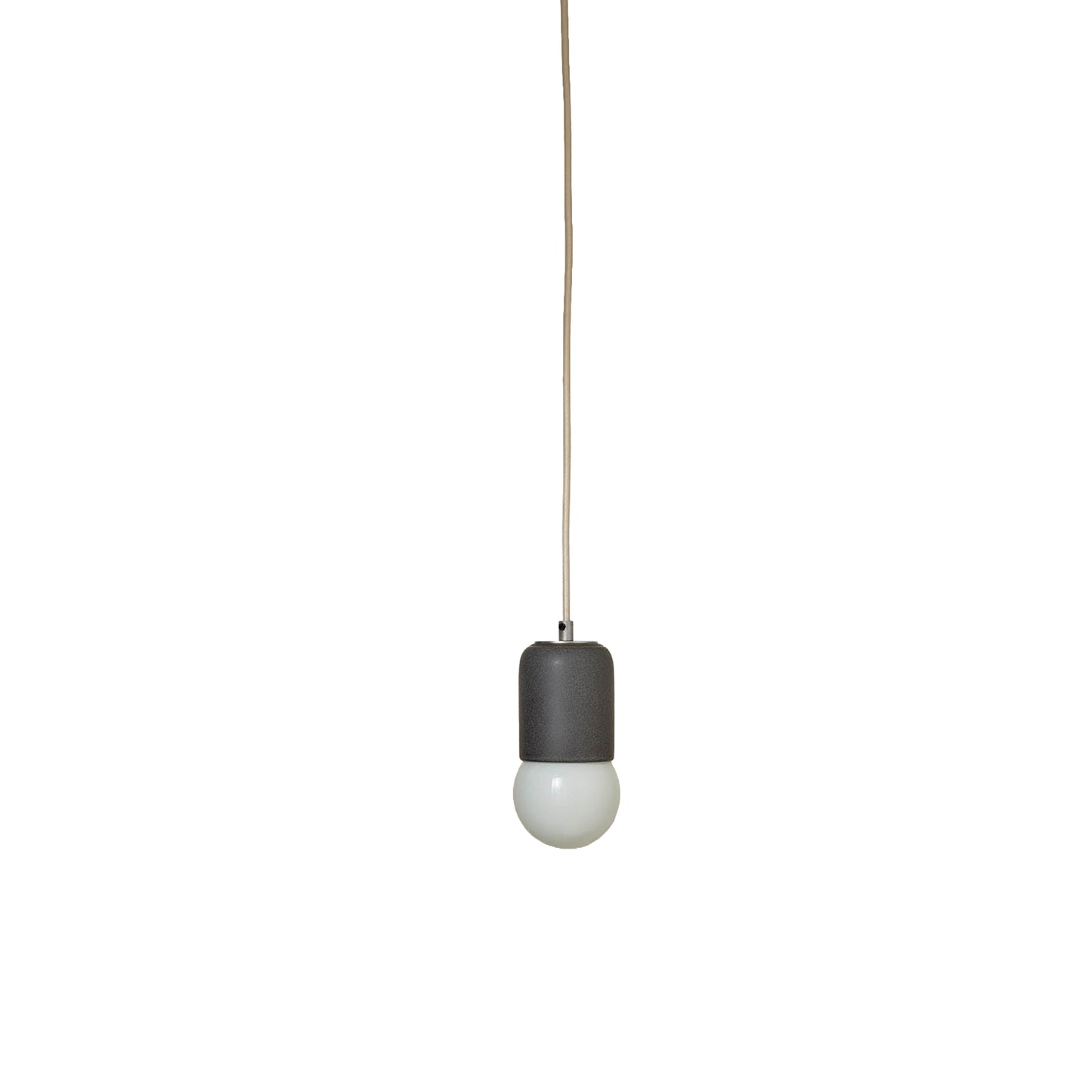 Marz Designs Terra 1 Pendant in Lead ceramic and Brushed Nickel hardware with fabric flex cord and frosted glass.
