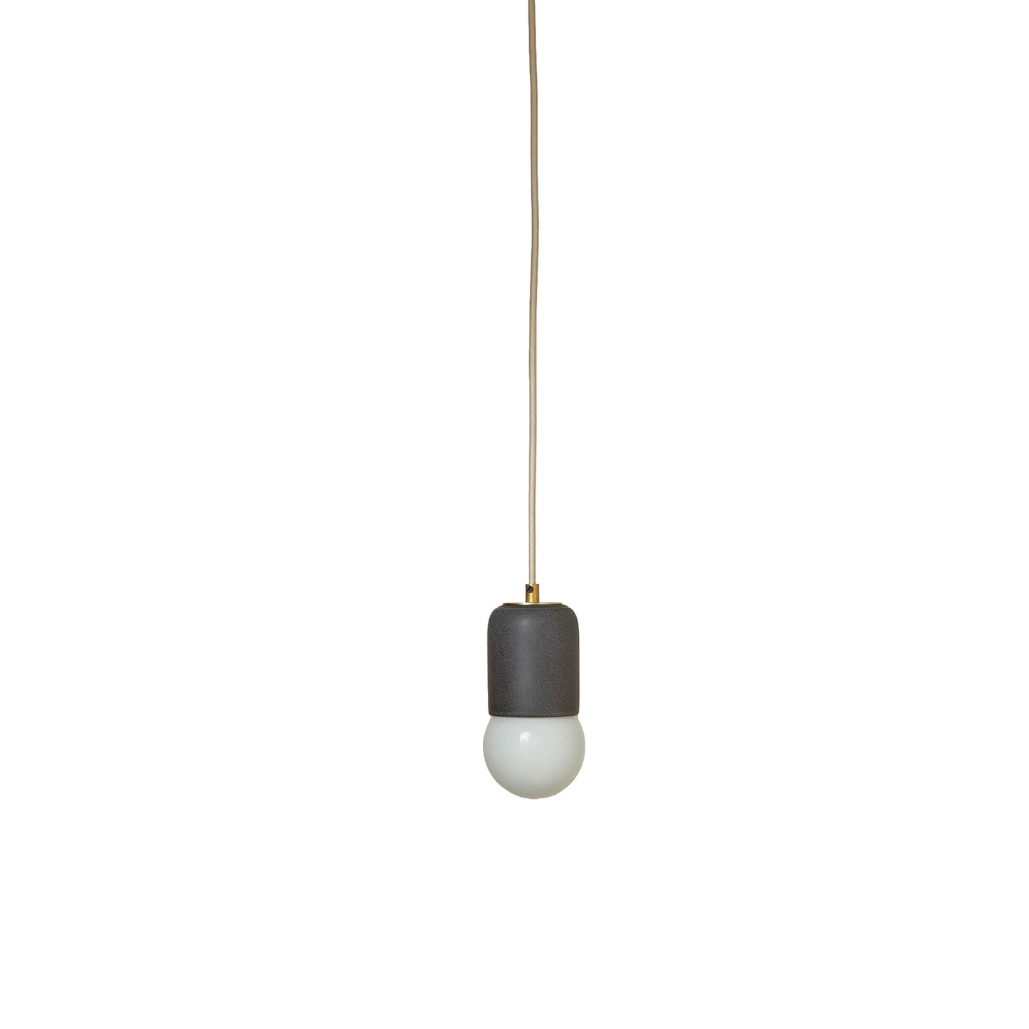 Marz Designs Terra 1 Pendant in Lead ceramic and Brass hardware with fabric flex cord and frosted glass.