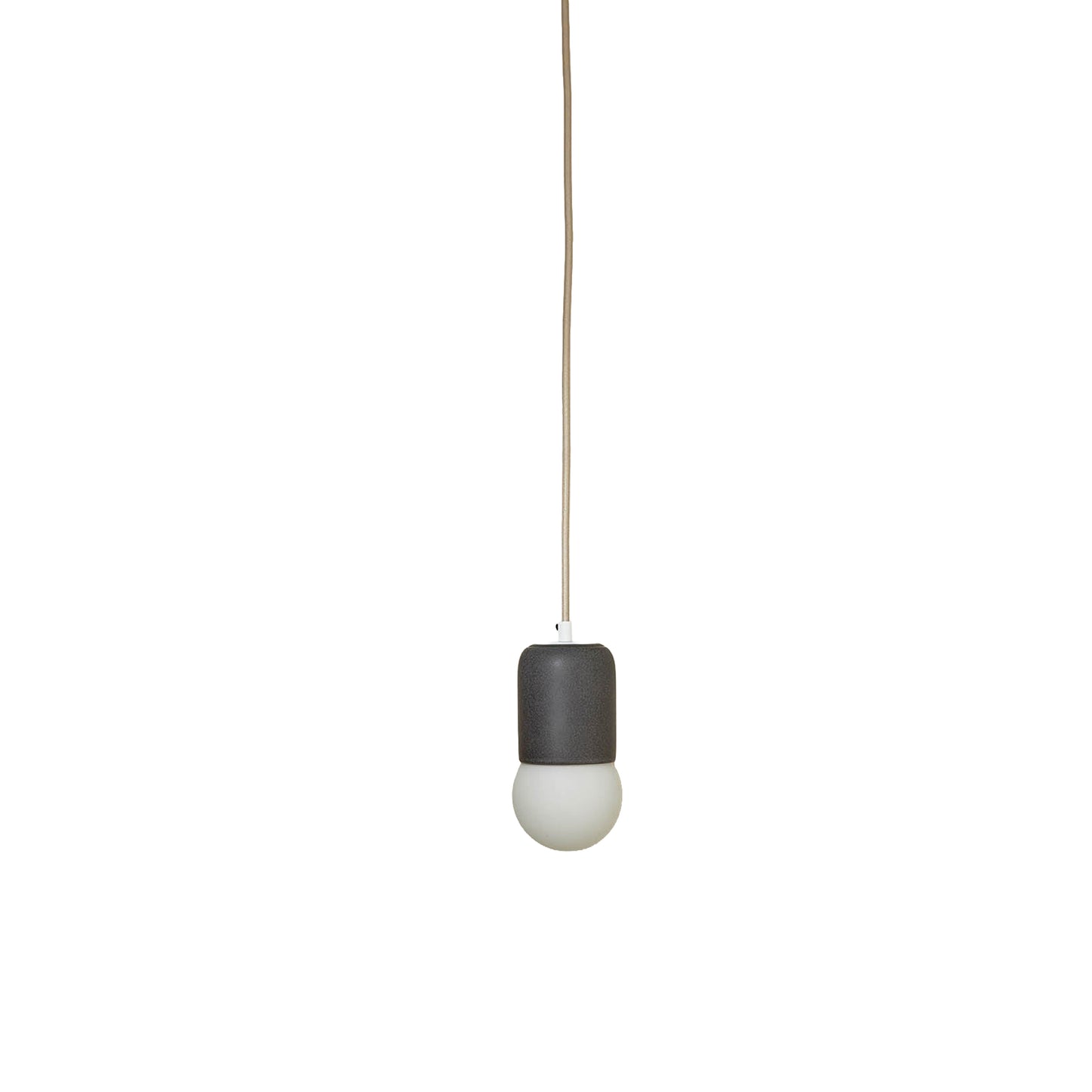 Marz Designs Terra 1 Pendant in Lead ceramic and White hardware with fabric flex cord and frosted glass.