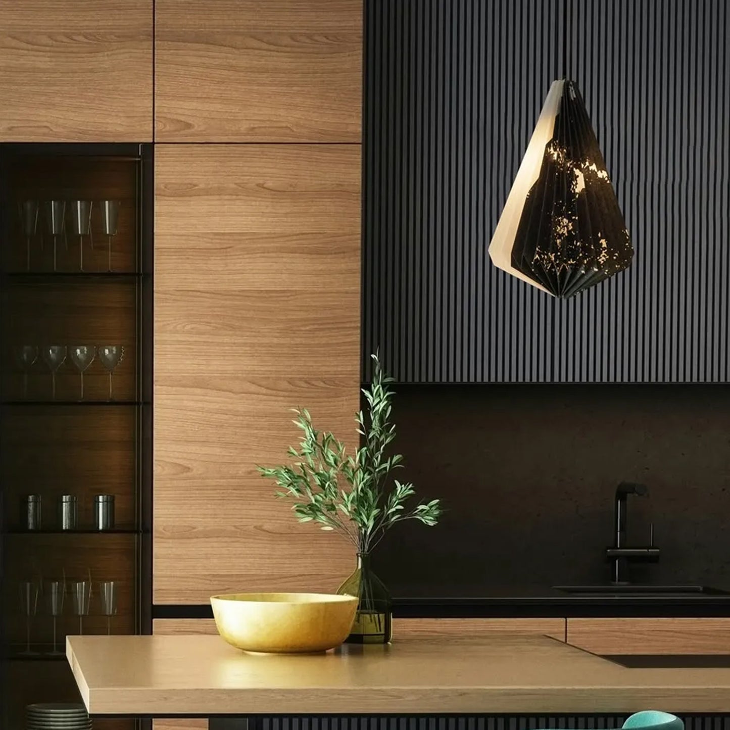 Laboratoire Textile N135 geometric pendant light in black and white patterned textile, installed over a modern kitchen island.