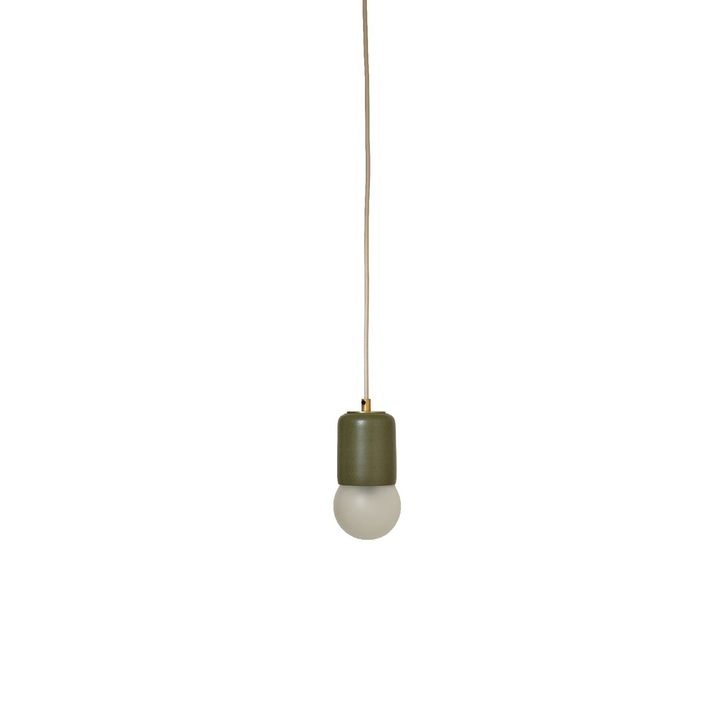 Marz Designs Terra 1 Pendant in Olive ceramic and Brass hardware with fabric flex cord and frosted glass.