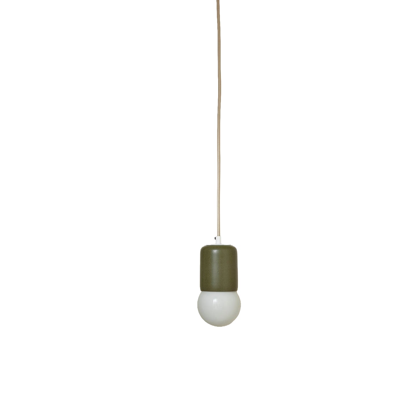Marz Designs Terra 1 Pendant in Olive ceramic and White hardware with fabric flex cord and frosted glass.