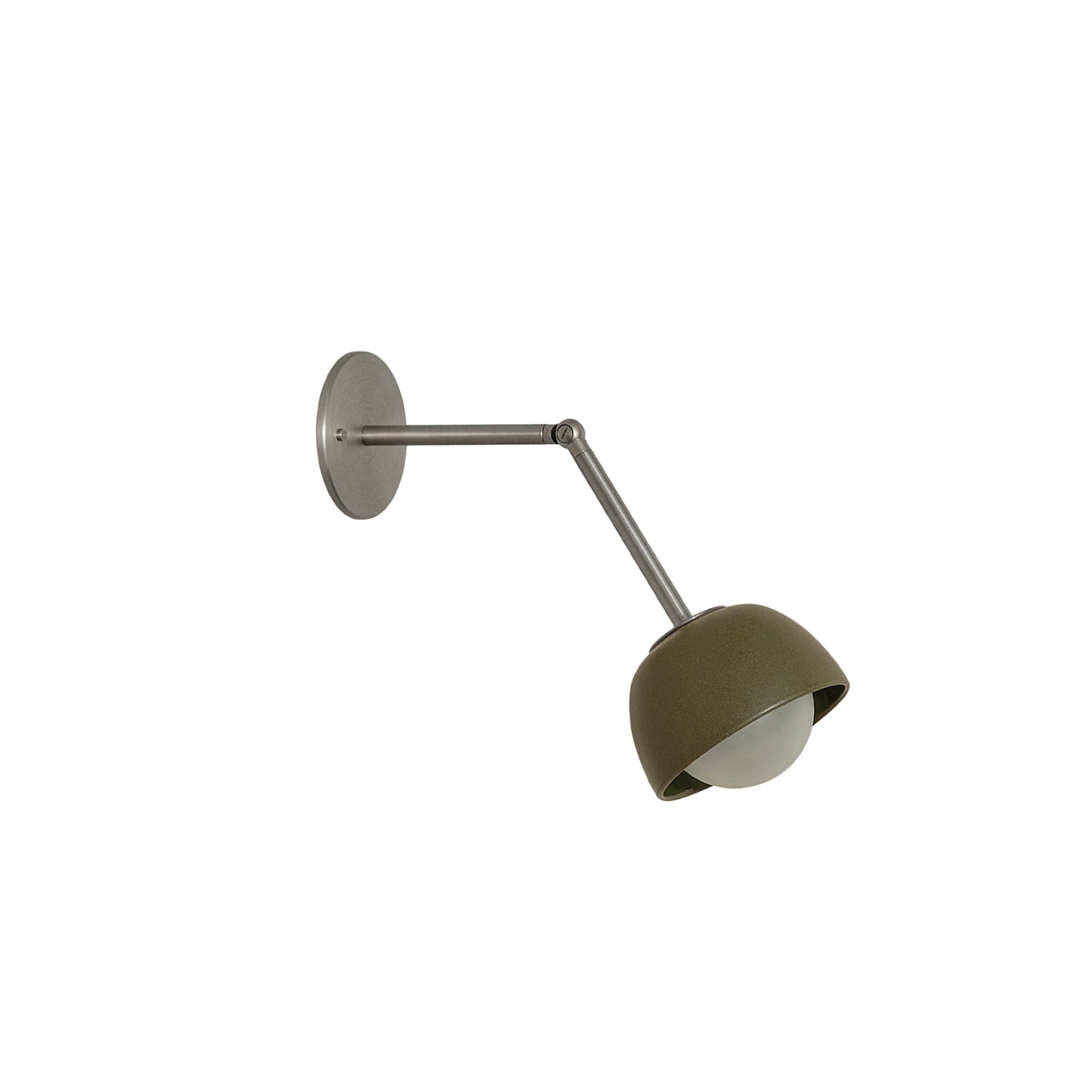 Marz Designs Terra 0 Long Wall Light articulating sconce in Olive ceramic and Brushed Nickel hardware.