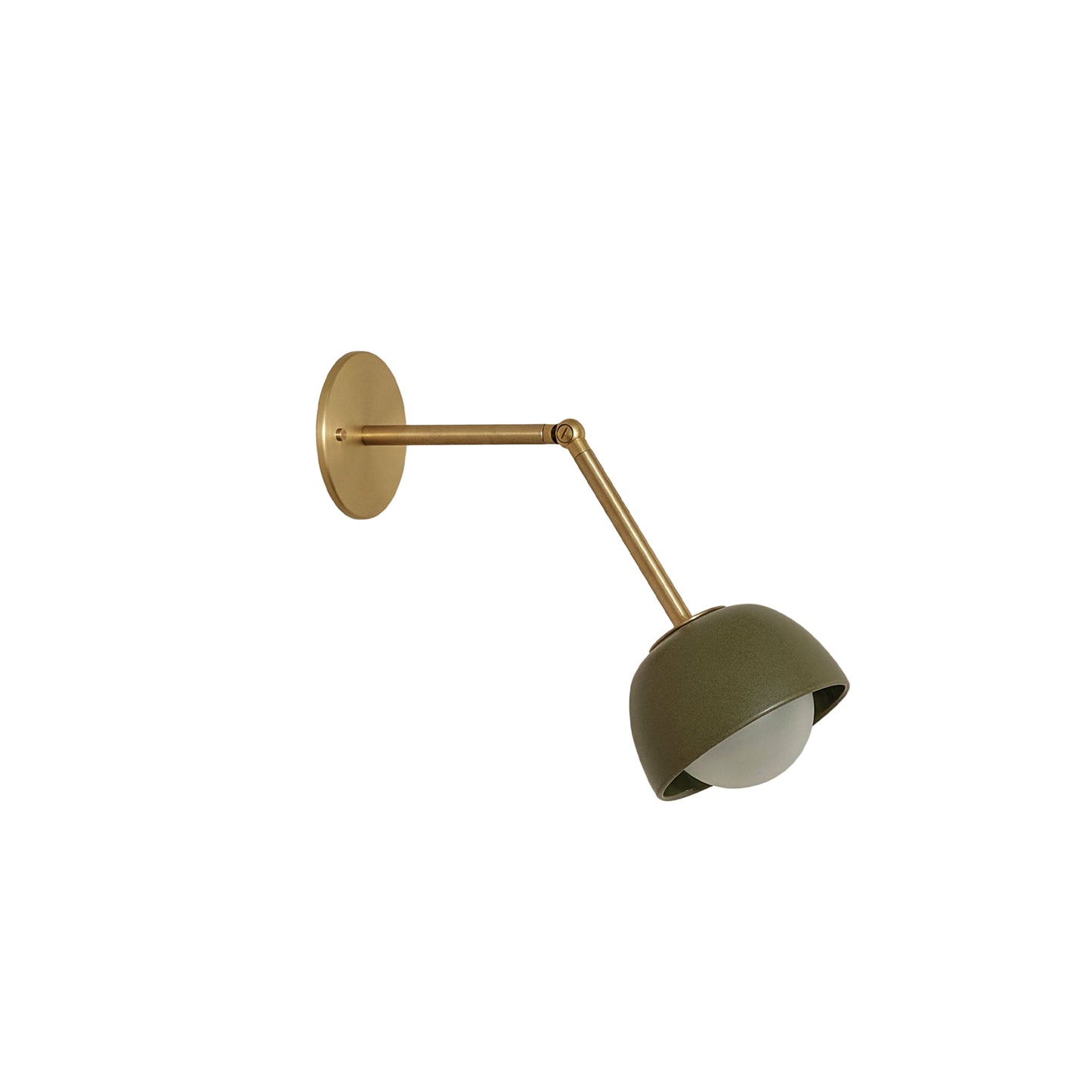 Marz Designs Terra 0 Long Wall Light articulating sconce in Olive ceramic and Brass hardware.