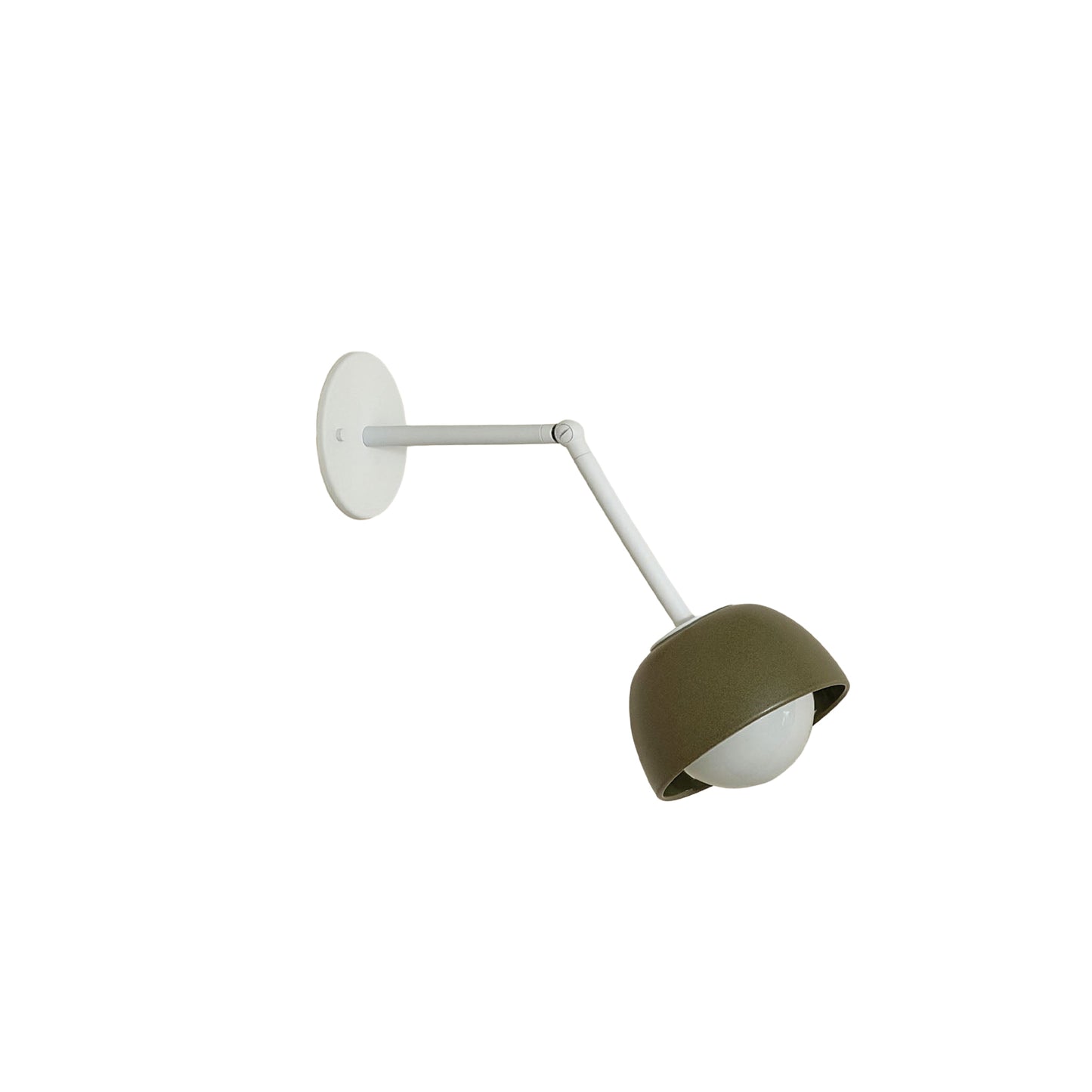 Marz Designs Terra 0 Long Wall Light articulating sconce in Olive ceramic and White hardware.